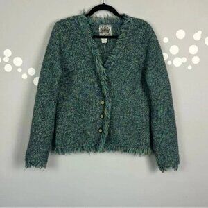 Curio Fringe Knit Cardigan Sweater Size L Wool Blend Blue Green Boho Layer